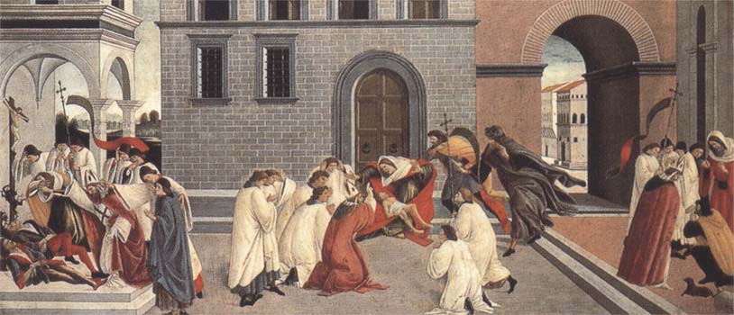 Sandro Botticelli Three Miracles of St Zanobius:driving the demon out of two youths,reviving a dead child,restoring sight to a blind man